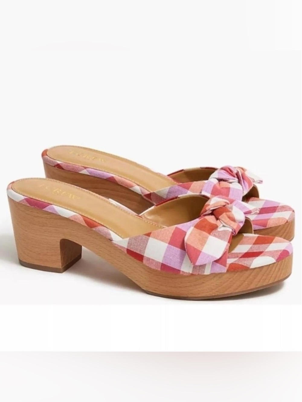 J.Crew Gingham Plaid Bow Chunky Wooden Mules